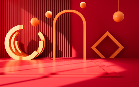 Red geometric interior architecture and empty stage, e-commerce background, 3d rendering. Digital drawing.の写真素材