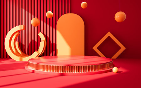 Red geometric interior architecture and empty stage, e-commerce background, 3d rendering. Digital drawing.の写真素材