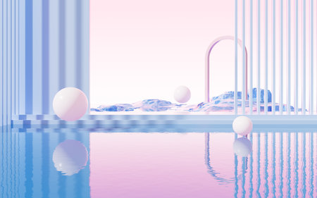 Geometric architecture and water surface background, 3d rendering. Digital drawing.の写真素材