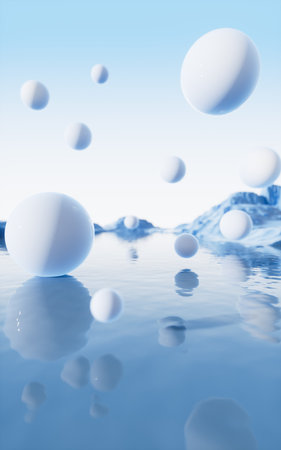Abstract balls with water surface background, 3d rendering. Digital drawing.の写真素材