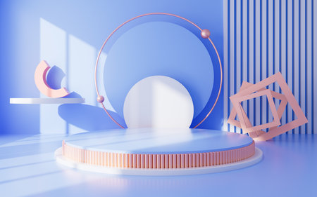 Blue geometric interior architecture and empty stage, e-commerce background, 3d rendering. Digital drawing.の写真素材