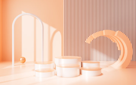 Yellowish geometric interior architecture and empty stage, e-commerce background, 3d rendering. Digital drawing.の写真素材