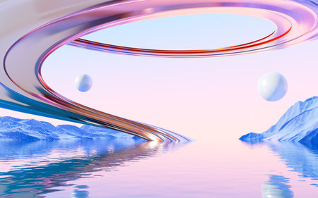 Abstract spiral curves and water surface background, 3d rendering. Digital drawing.の写真素材