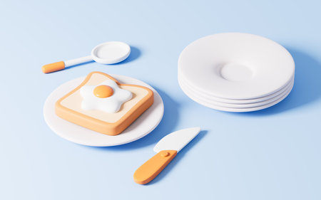 Cartoon fried egg and tableware, 3d rendering. Digital drawing.の写真素材