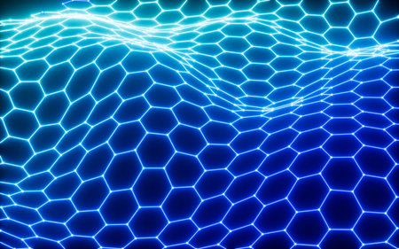 Glowing hexagonal grid neon background, 3d rendering. Digital drawing.の写真素材