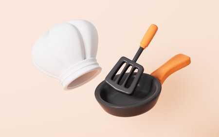Cartoon kitchen pan and chef hat in the white background, 3d rendering. Digital drawing.の写真素材