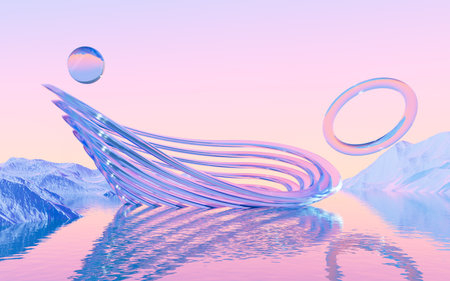 Abstract water surface and transparent glass geometry background, 3d rendering. Digital drawing.の写真素材