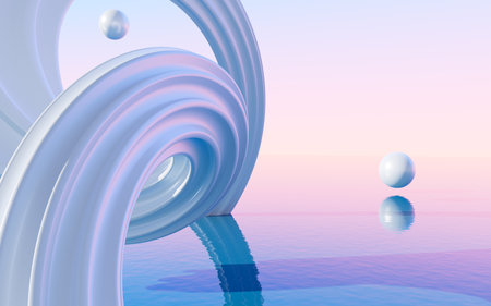 Abstract spiral curves and water surface background, 3d rendering. Digital drawing.の写真素材
