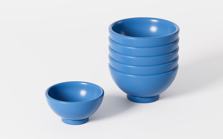 A stack of empty bowls in the white background, 3d rendering. Digital drawing.の写真素材