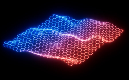 Glowing hexagonal grid neon background, 3d rendering. Digital drawing.の写真素材