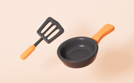Cartoon kitchen pan and spatula in the yellow background, 3d rendering. Digital drawing.の写真素材