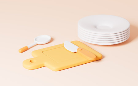 Cartoon cutting board and kitchenware, 3d rendering. Digital drawing.の写真素材
