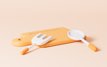 Cartoon cutting board and kitchenware, 3d rendering. Digital drawing.の写真素材