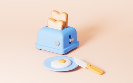 Cartoon toaster and bread in the yellow background, 3d rendering. Digital drawing.の写真素材