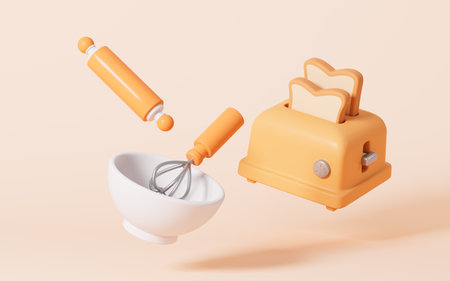 Cartoon toaster and kitchenware in the yellow background, 3d rendering. Digital drawing.の写真素材