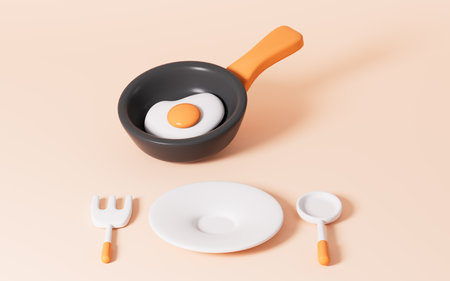 Cartoon kitchen pan and tableware in the yellow background, 3d rendering. Digital drawing.の写真素材
