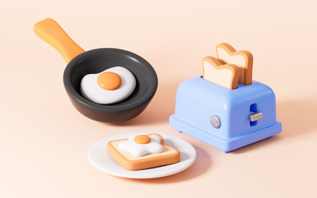 Cartoon kitchen pan and bread in the yellow background, 3d rendering. Digital drawing.の写真素材
