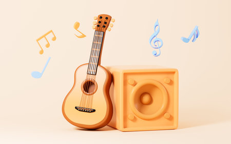 Cartoon guitar and loudspeaker in the yellow background, 3d rendering. Digital drawing.の写真素材