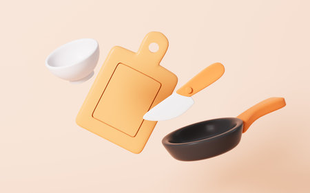 Cartoon kitchen pan and kitchenware in the yellow background, 3d rendering. Digital drawing.の写真素材