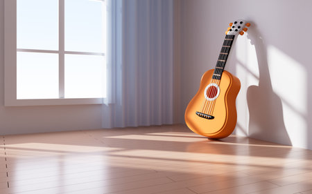 Guitar and interior geometric architecture, 3d rendering. Digital drawing.の写真素材