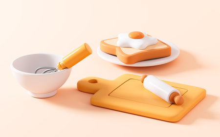 Breakfast and kitchenware in the orange background, 3d rendering. Digital drawing.