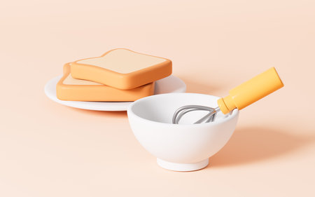Breakfast and bowl in the orange background, 3d rendering. Digital drawing.の写真素材