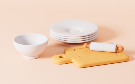 White tableware in the orange background, 3d rendering. Digital drawing.の写真素材