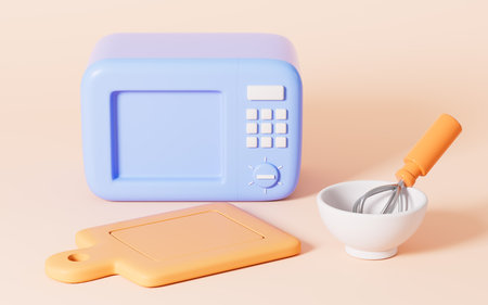 Cartoon microwave oven and kitchenware in the yellow background, 3d rendering. Digital drawing.の写真素材