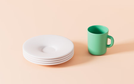 White dishes and mug in the orange background, 3d rendering. Digital drawing.の写真素材