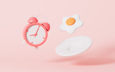 Cartoon alarm clock and fried egg, nutritious breakfast, 3d rendering. Digital drawing.の写真素材