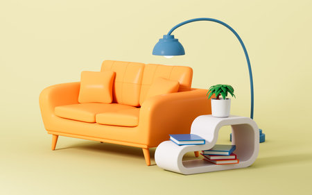Yellow sofa and tea table, 3d rendering. Digital drawing.の写真素材