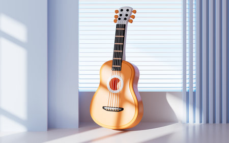 Guitar and interior geometric architecture, 3d rendering. Digital drawing.