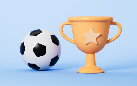 Cartoon football and trophy in the yellow background, 3d rendering. Digital drawing.の写真素材