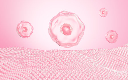 Floating cells in the pink background, skin treatment, biology and medicine concept, 3d rendering. Digital drawing.の写真素材