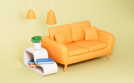 Yellow sofa and tea table, 3d rendering. Digital drawing.の写真素材