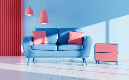 Interior geometric building and sofa model, 3d rendering. Digital drawing.の写真素材