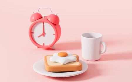 Cartoon alarm clock and fried egg, nutritious breakfast, 3d rendering. Digital drawing.の写真素材