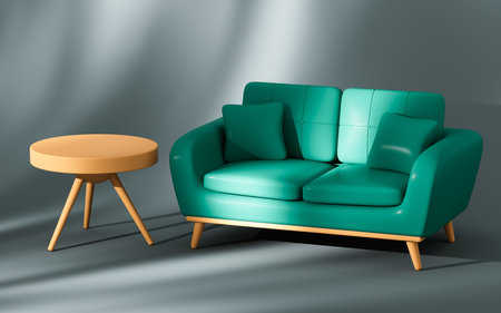 Green sofa and tea table, 3d rendering. Digital drawing.の写真素材