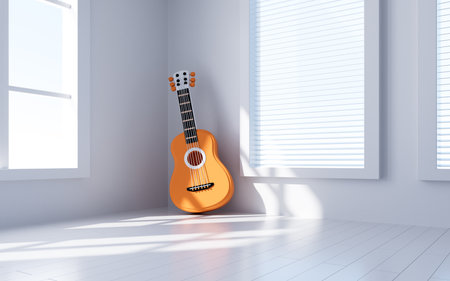 Guitar and interior geometric architecture, 3d rendering. Digital drawing.の写真素材