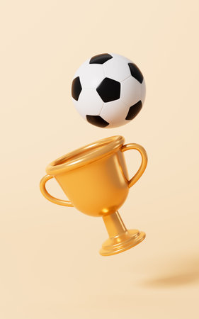 Cartoon football and trophy in the yellow background, 3d rendering. Digital drawing.の写真素材