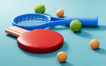 Cartoon tennis and ping-pang in the green background, 3d rendering. Digital drawing.の写真素材