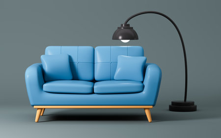 Blue sofa and light, 3d rendering. Digital drawing.の写真素材
