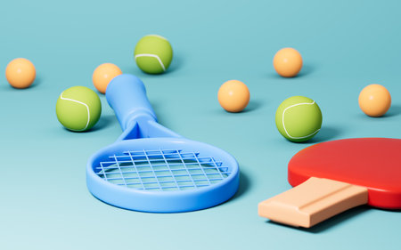 Cartoon tennis and ping-pang in the green background, 3d rendering. Digital drawing.の写真素材