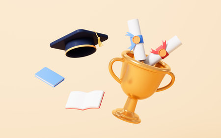Cartoon trophy and mortarboard in the yellow background, 3d rendering. Digital drawing.の写真素材
