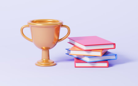 Cartoon trophy and books in the purple background, 3d rendering. Digital drawing.の写真素材