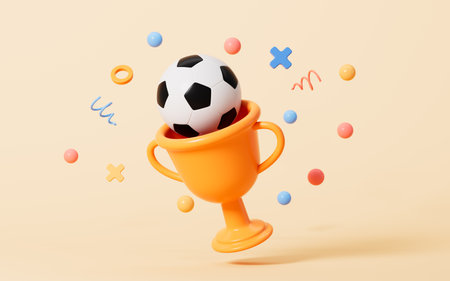 Cartoon football and trophy in the yellow background, 3d rendering. Digital drawing.の写真素材