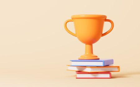 Cartoon trophy and books in the yellow background, 3d rendering. Digital drawing.の写真素材