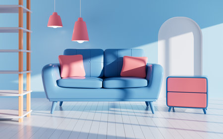 Interior geometric building and sofa model, 3d rendering. Digital drawing.の写真素材