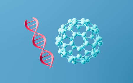 Cartoon DNA and molecular structure in the green background, 3d rendering. Digital drawing.の写真素材