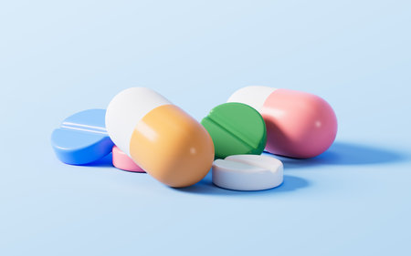 Different drugs and capsules in the blue background, 3d rendering. Digital drawing.の写真素材